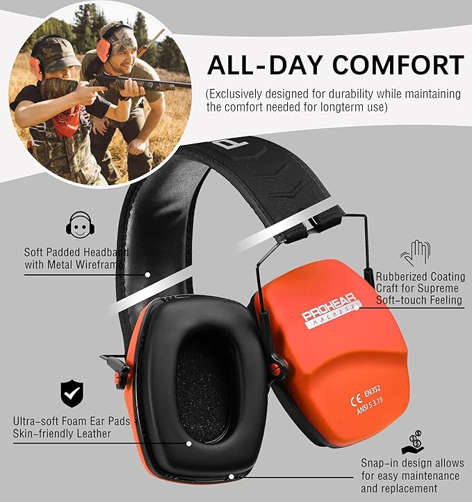 PROHEAR 016 Ear Protection Safety Earmuffs for Shooting, NRR 26dB Hearing Protector with Low-Profile Earcups, Compact Foldable Ear Defenders for Gun Range, Hunting (Orange)