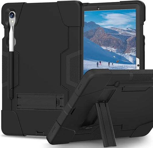 case for Galaxy Tablet S9 FE & S9 2023 (SM-X710/X718U/X716B/X510/X516B), Soft Silicone & Hard Pc 3-Layer Military Protector Cover for Tab S10 FE S8 S7 with S-Pen Holder Stand caseblack+Black