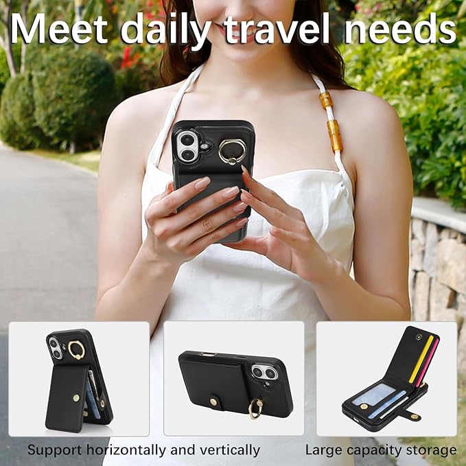 Compatible iPhone 16 Wallet Case with Card Holder RFID Blocking PU Leather Doubles as a Wallet Unisex Flip Shockproof Protection with Card Slots Ring Wrist Kickstand Function,Black