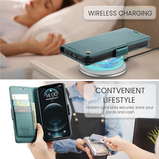 for iPhone 12 Pro Max Case, Premium PU Leather Wallet Case Flip Cover with [RFID Blocking][Card Holder][Stand Function] Shockproof Protective for iPhone 12 Pro Max, Blue-Green