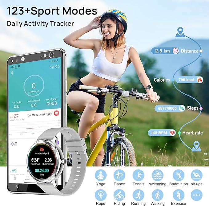1.57'' Smart Watch for Women with Heart Rate/SpO2/Female Cycle Tracker, Silver Smartwatch Answer/Make Calls, IP67 Fitness Tracker with 123 Sports Modes, 2 Bands, iOS Android Compatible