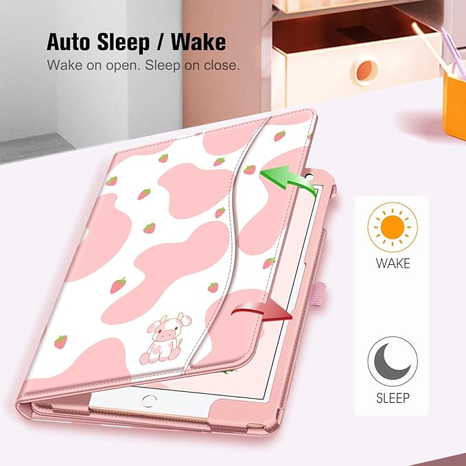 Fintie Case for iPad 9th / 8th / 7th Generation (2021/2020/2019) 10.2 Inch - [Corner Protection] Multi-Angle Viewing Stand Cover with Pocket & Pencil Holder, Auto Sleep Wake, Strawberry Cow