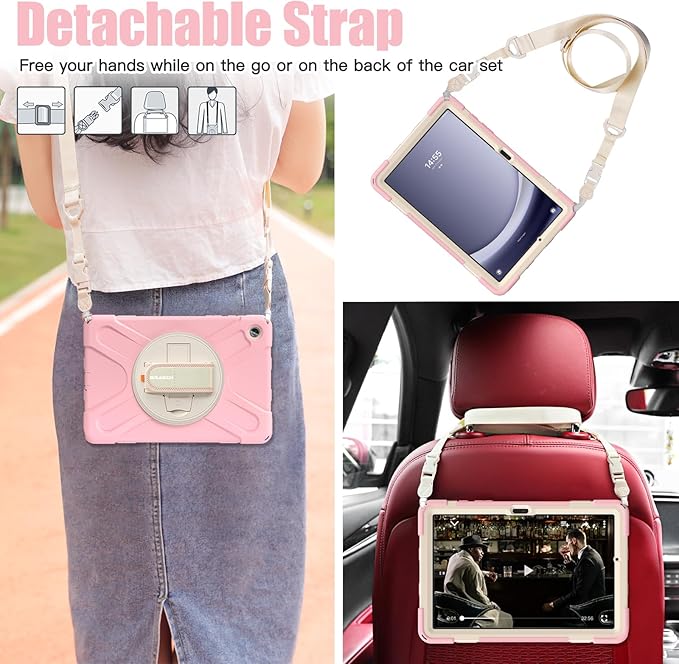 BRAECNstock Kids Case for Samsung Galaxy Tab A9+ Plus 11 inch (SM-X210/X216/X218) Shockproof Protective Tab A9+ 5G Case with Screen Protector Pen Holder [Rotating Hand Strap+Stand], Sakura Pink