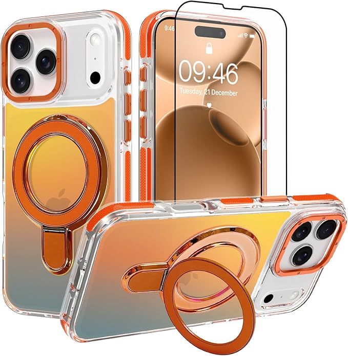MOWIME Magnetic for iPhone 17 Pro Case with Stand [Compatible with Magsafe] [Cute Fashion Fluorescent Design] [1 Screen Protector] Slim Translucent Matte Case for iPhone 17 Pro 6.3" 2025, Orange