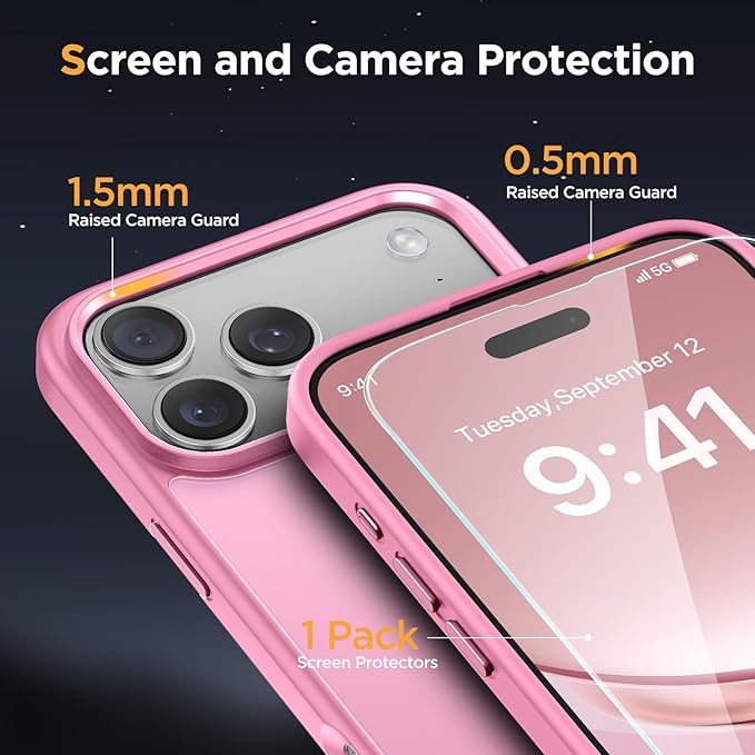 Miracase Magnetic for 17 Pro Case 6.3" with Screen Protector, [Compatible with MagSafe] Military-Grade Protection, Anti-Fingerprint, Slim Thin Phone Case for 17 Pro Cover, Mes Pink