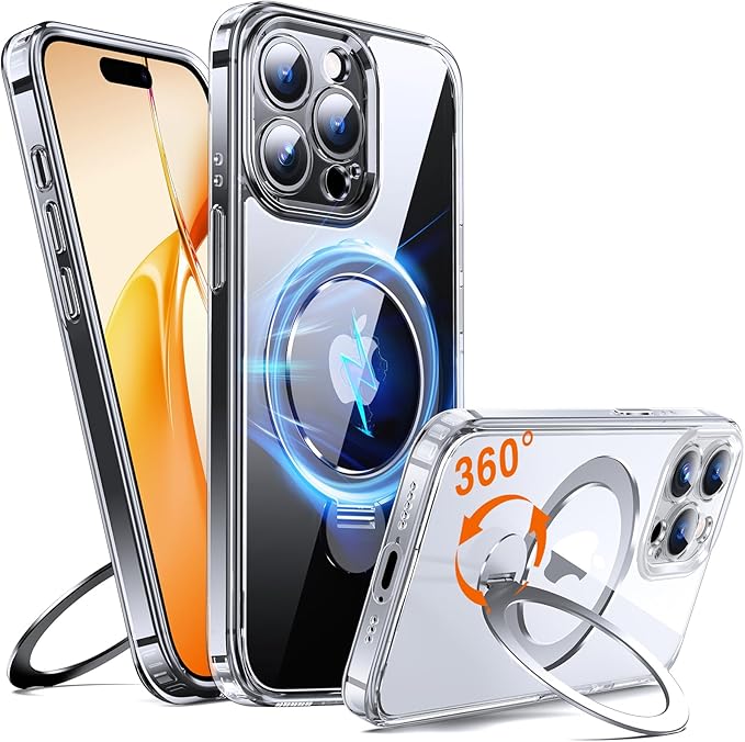 360° O-Ring MagStander for iPhone 15 Pro Case with Magnetic Kickstand Ring Holder [Compatible with MagSafe][360°Rotate Stand Ring][Military Shockproof] iPhone 15 Pro Phone Cover Clear