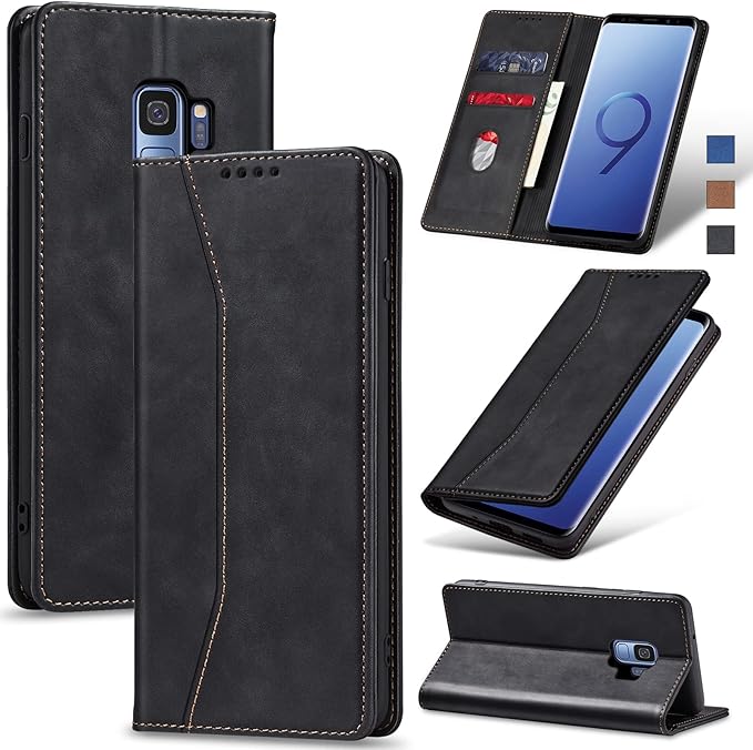 Jasonyu Flip Wallet Case for Samsung Galaxy S9,Leather Magnetic Folio Cover with Card Holder,Kickstand - TPU Shockproof Durable Protective Phone Case,Black