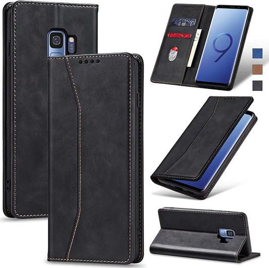 Jasonyu Flip Wallet Case for Samsung Galaxy S9,Leather Magnetic Folio Cover with Card Holder,Kickstand - TPU Shockproof Durable Protective Phone Case,Black