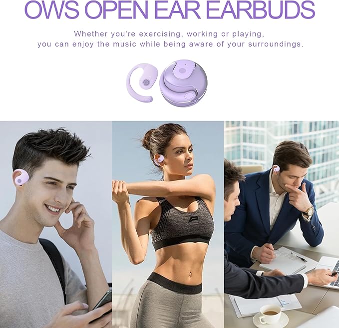Open Ear Headphones Wireless Bluetooth 5.4, OWS Hanging Earphones Wireless Earbuds with Earhooks and Mic, IPX5 Waterproof, 48H Range, Out of Ear Earbuds for Sports Running Workout Driving(Purple)