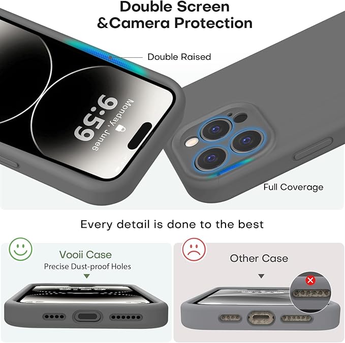 Vooii Compatible with iPhone 14 Pro Case, Liquid Silicone Upgrade [Camera Protection] [Soft Anti-Scratch Microfiber Lining] Shockproof Phone Case for iPhone 14 Pro 6.1 inch - Dark Grey