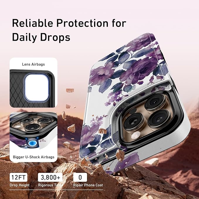 FUNMIKO for iPhone 16 Pro Max Wallet Case with Card Holder, RFID-Blocking, Military-Grade Protection & UV-Printed Artwork, Magnetic Closure with Leather Kickstand - Elegant Purple Floral