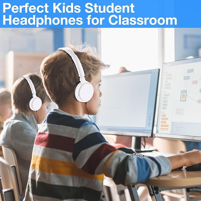 Yunsailing 18 Pack Classroom Headphones Bulk Student Wired Class Headphones Set for Kids School with Individually Wrapped Adjustable Over Ear Head Earbuds(White)