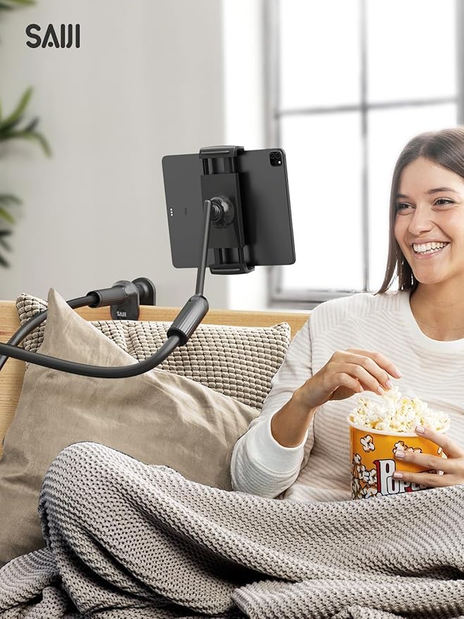 SAIJI 47" Gooseneck Kindle Holder, Tablet Holder for Bed with Upgraded Base, iPad Stand with Flexible Lazy Arm, Compatible with iPad/iPhone/Kindle/Switch or Other 4.7-13" Device (Black)