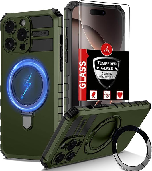 for iPhone 16 Pro Case Magnetic Compatible with MagSafe Wireless Charging,with 2 Screen Protector,with Kickstand Ring Shockproof Shock-Absorbent Heavy Duty Protection Scratch Resistant Green