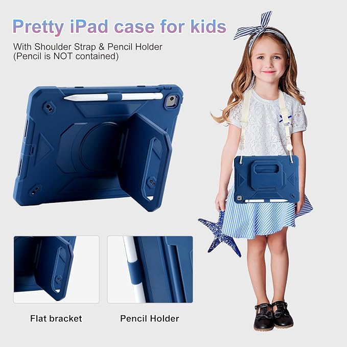 for iPad 9th/ 8th/ 7th Generation Case (iPad 10.2 inch Shockproof Case) with 360 Rotating Grip Magic Stand, Pencil Holder/Keychain/Carrying Shoulder Strap for iPad 10.2 inch (Navy Blue)