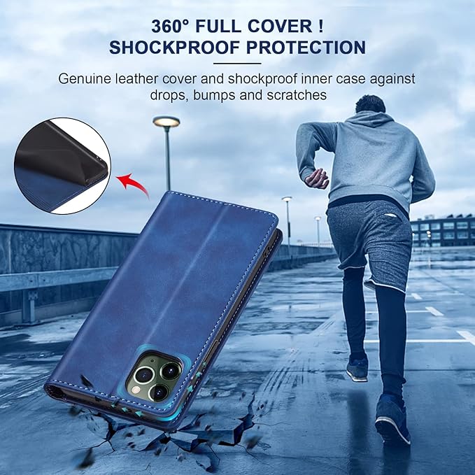 Jasonyu Flip Wallet Case for iPhone 11 Pro,Leather Magnetic Folio Cover with Card Holder,Kickstand - TPU Shockproof Durable Protective Phone Case,Blue