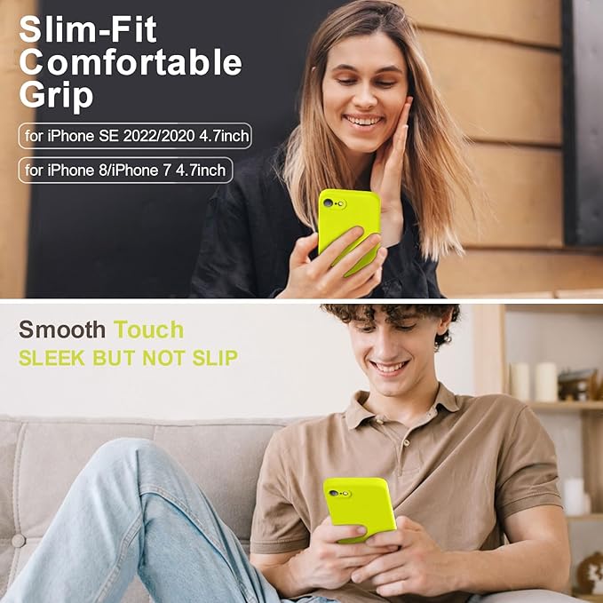 Vooii for iPhone SE Case 2022/3rd/2020,iPhone 8/7 Case, Upgraded Liquid Silicone with [Flat Edges] [Camera Protection] [Soft Anti-Scratch Microfiber Lining] Phone Case for iPhone SE - Neon Lemon