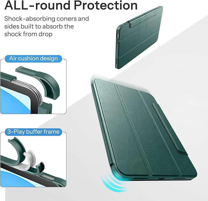 SPARIN Case for iPad A16 11th/10th Generation 2025/2022 (11"/10.9") with Pencil Holder, Magnetic Detachable Hybrid Stand, Portrait/Landscape Angle, Auto Wake/Sleep-Midnight Green