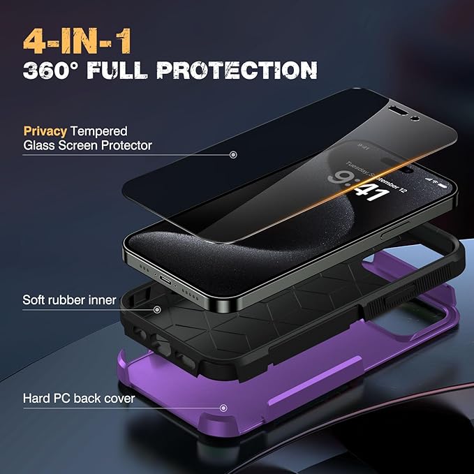 Diaclara Designed for iPhone 15 Pro Max Case, [with Privacy Screen Protector] [Anti Spy] [Military Grade Drop Protection] Heavy Duty Full-Body Shockproof Phone Case, Purple