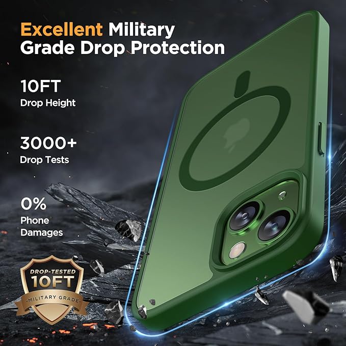 Miracase Magnetic for iPhone 13 Case 6.1 inch (Compatible with MagSafe)（with 2X Screen Protectors） Military-Grade Protection, Anti-Fingerprint Translucent Matte Phone Case Cover, Dark Green