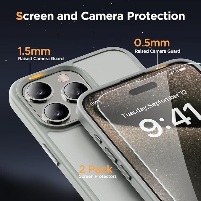 Miracase Magnetic for iPhone 15 Pro Case 6.1 inch (Compatible with MagSafe)（with 2X Screen Protectors）Military-Grade Protection, Anti-Fingerprint Translucent Matte Phone Cover, Gray