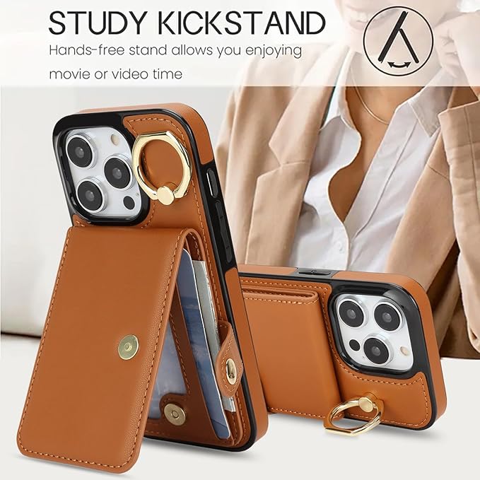 Compatible iPhone 16 Pro Wallet Case with Card Holder RFID Blocking PU Leather Doubles as a Wallet Unisex Flip Shockproof Protection with Card Slots Ring Wrist Kickstand Function,Brown