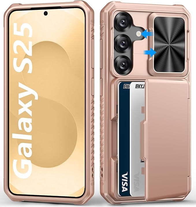 for Samsung Galaxy S25 Phone Case Wallet, Card Holder (4-5 Cards), RFID Block, Slide Camera Cover, Military Grade Shockproof, Heavy Duty Men Women Phone Cases for Samsung Galaxy S25, Rose Gold
