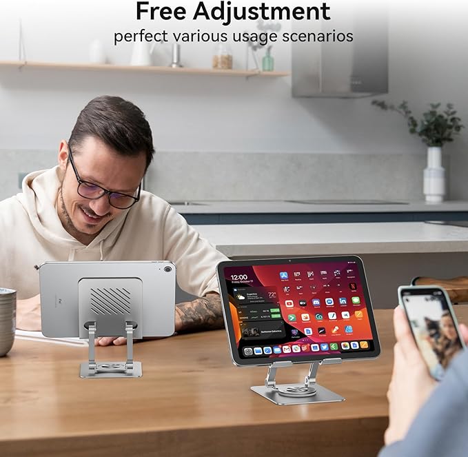 JUANWE Tablet Stand Holder with 360° Rotating Base, Adjustable Foldable iPad Stand, Aluminium Tablet Holder for Desk, Compatible with iPad Pro/Air//Mini, Switch, iPhone15 and More (4-13 inch)