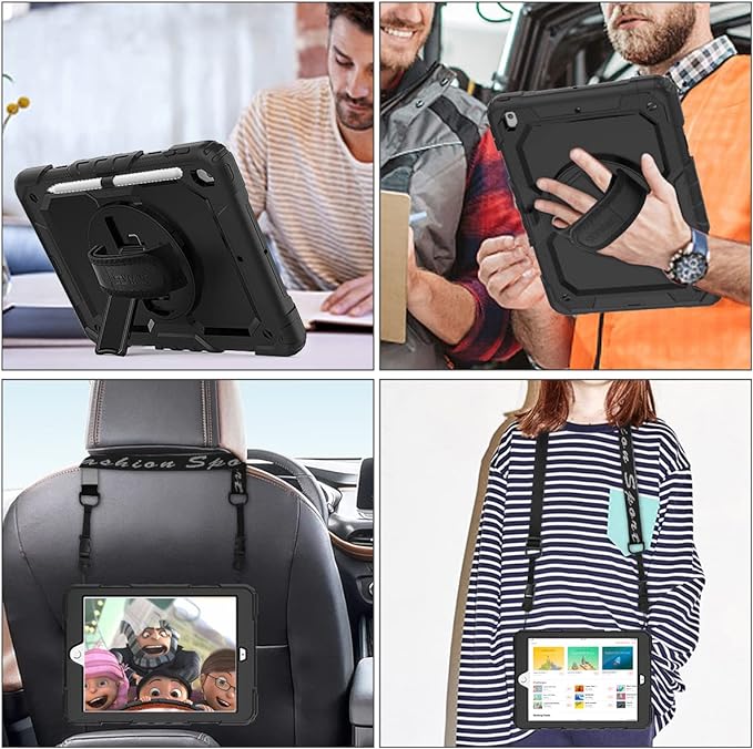 SEYMAC stock Case for iPad 9th/ 8th/ 7th Generation 10.2'', Shockproof with Screen Protector, Pencil Holder [360° Rotating Hand Strap] & Stand, for iPad 10.2 inch 2021-2019 (Black)