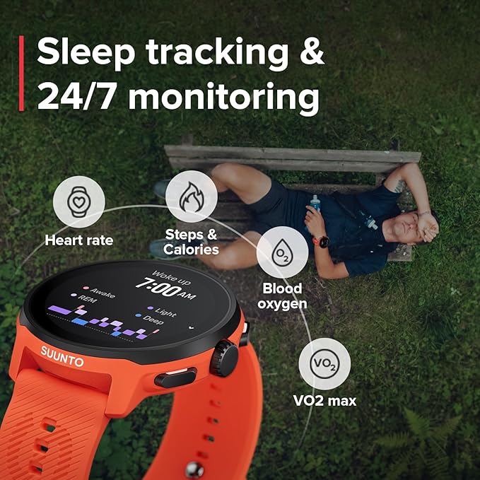 SUUNTO Run Running GPS Sports Watch with Silicone Strap, 1.32" AMOLED Touchscreen w/Crown Button, Wrist Heart-Rate & Sleep Health Tracking, Coral Orange