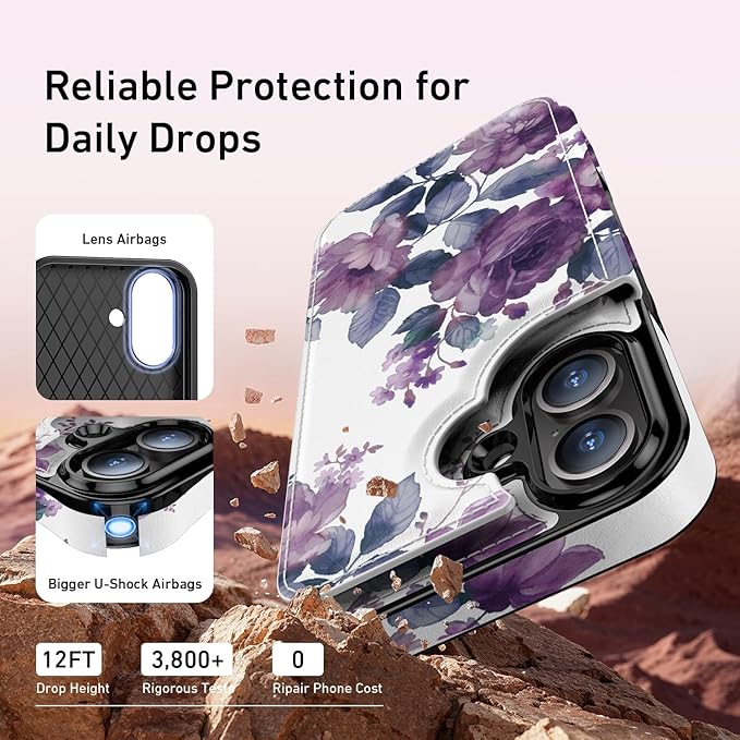 FUNMIKO for iPhone 16 Wallet Case with Card Holder, RFID-Blocking, Military-Grade Protection & UV-Printed Artwork, Magnetic Closure with Leather Kickstand - Elegant Purple Floral