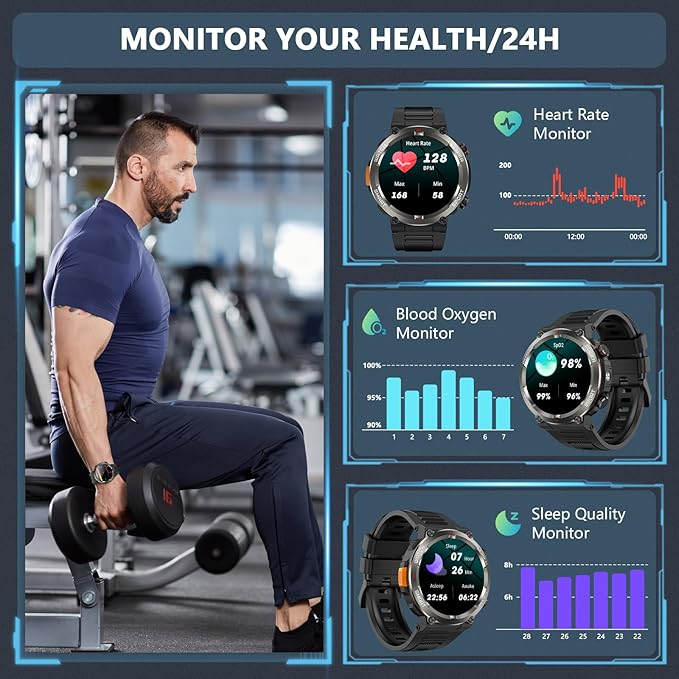 Military Smart Watch for Men, 100 Days Battery/Led Flashlight/Compass/2 Straps/IP68 Waterproof Smart Watches for Men, Tactical Smart Watch Outdoor, Answer/Make Calls Fitness Tracker for iPhone/Android