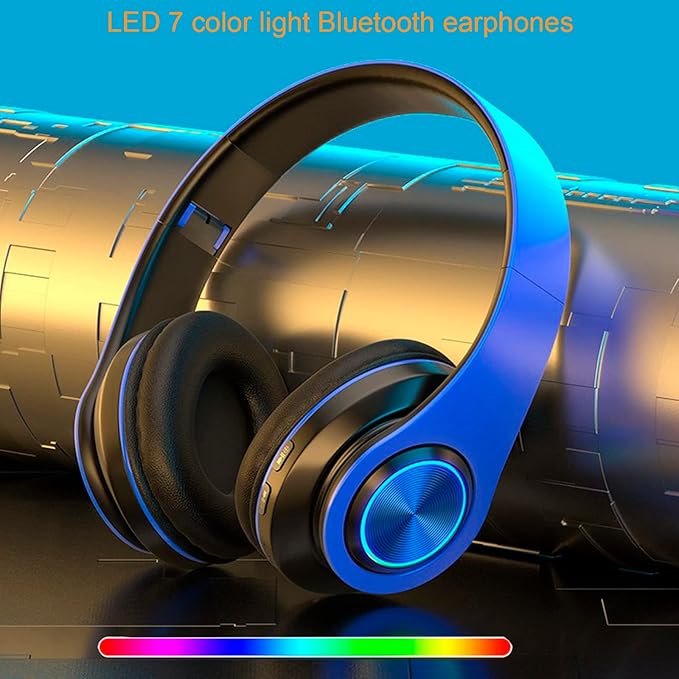 Wireless Bluetooth Headphones with Colorful LED Lights, Built-in Mic, Light Weight, Foldable, Wired HiFi Stereo Headphones for Classroom/Home Office/PC/Mobile Phone/Kids Adult (Blue)