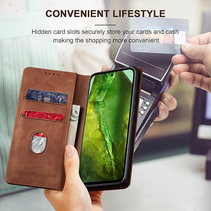 Jasonyu Flip Wallet Case for Google Pixel 8A,Leather Magnetic Folio Cover with Card Holder,Kickstand - TPU Shockproof Durable Protective Phone Case,Brown