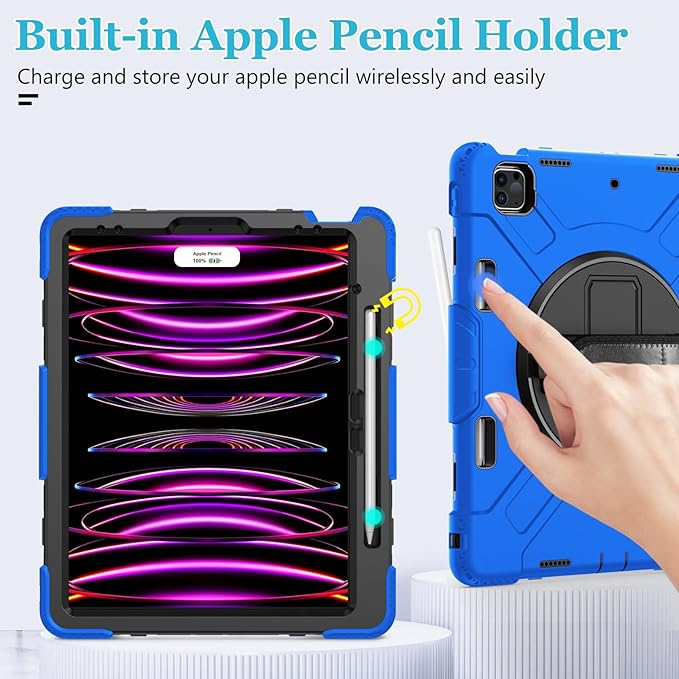 Case for iPad Pro 12.9 2022/2021/ 2020/2018: Cover for iPad Pro 12.9 6th/ 5th/ 4th/ 3rd Generation with Screen Protector- Stand- Pencil Holder- Handle- Shoulder Strap Blue