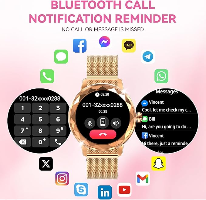 Smart Watch for Women with Make/Answer Call, 1.2" Adjustable Fitness Watch with Heart Rate Sleep Monitor Female Cycle and 100+ Sports Modes (W02-Rose Gold)