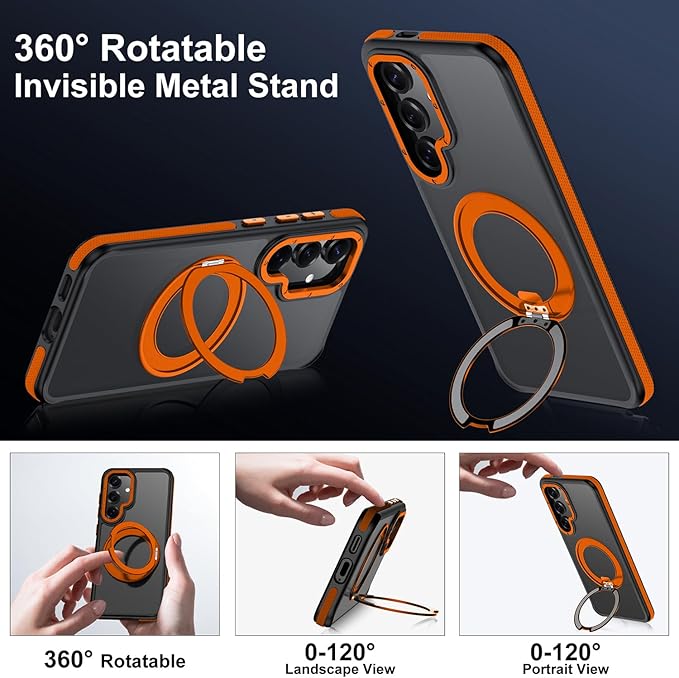 360°Spin Magnetic Stand for Samsung Galaxy S25 Plus Case, [Compatible with Magsafe] Military Grade Drop Protection, Matte Hard Slim S25 Plus Phone Case with Kickstand & Ring Holder (Orange)3