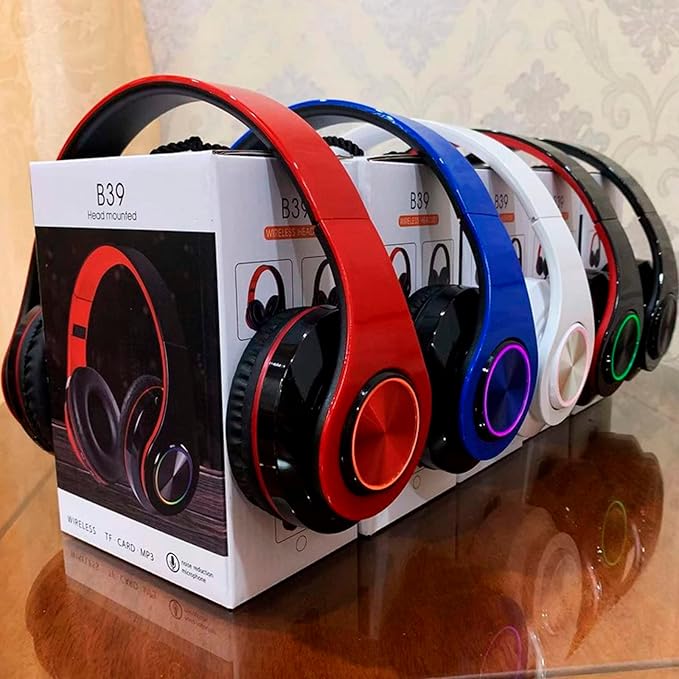 Wireless Bluetooth Headphones with Colorful LED Lights, Built-in Mic, Light Weight, Foldable, Wired HiFi Stereo Headphones for Classroom/Home Office/PC/Mobile Phone/Kids Adult (Blue)