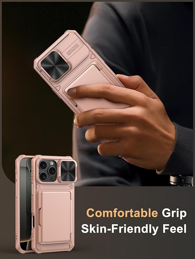 Vihibii for iPhone 16 Pro Max Case Wallet with Card Holder (4 Cards) [RFID Blocking] & Slide Camera Cover, Military Grade Drop Protection, Rugged Back & Silicone Edge Phone Case 6.9" 2024, Rose Gold