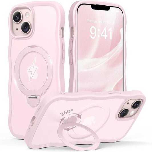 for iPhone 13 Case & iPhone 14 Case for Women,[Compatible with Magsafe][360° Spin Magnetic Stand][Cute Wave Edge][Military-Grade Protection]Translucent Matte Phone case for iPhone 13/14, Chalk Pink
