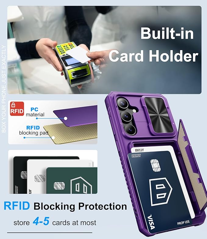 for Samsung Galaxy S25 FE Wallet Case with Camera Cover, Card Holder (4-5 Cards), Military Grade Protection, Heavy Duty Women Men Protective Phone Case for Galaxy S25 FE 6.7" 2025, Dark Purple