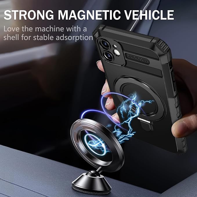 for iPhone 12 Case Magnetic Compatible with MagSafe Wireless Charging,with 2 Screen Protectors,Built-in Kickstand Ring,Shockproof Shock-Absorbent Scratch Resistant Heavy Duty Protection Black