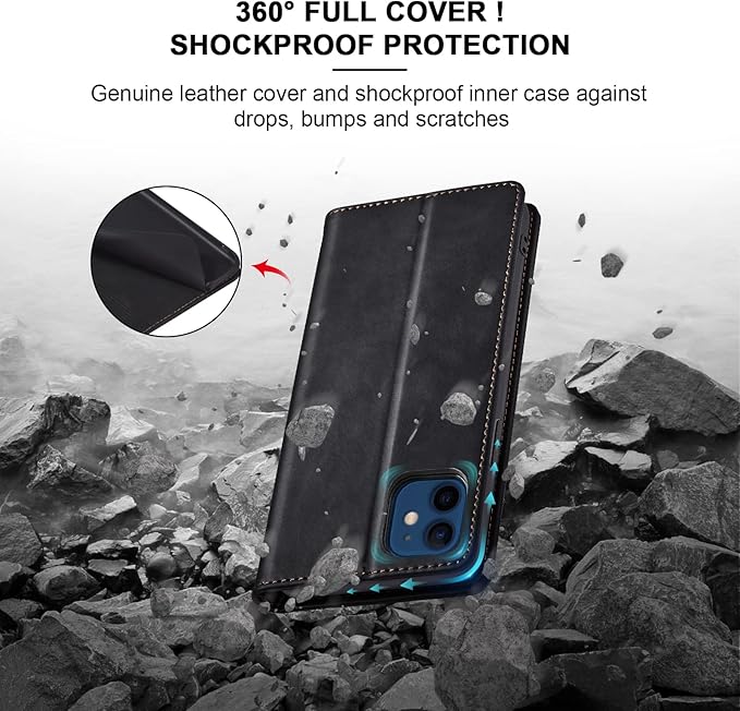 Jasonyu Flip Wallet Case for iPhone 12/12 Pro,Leather Magnetic Folio Cover with Card Holder,Kickstand - TPU Shockproof Durable Protective Phone Case,Black