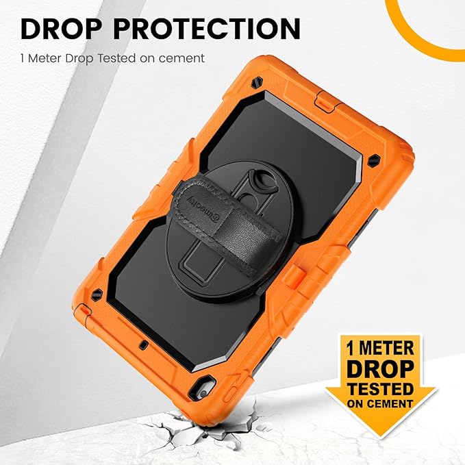 Timecity Case for iPad 9th/ 8th/ 7th Generation 10.2 inch - Heavy Duty Protective Cover with Screen Protector, Rotating Stand, Shoulder Strap & Pencil Holder | Kids-Friendly (Orange)