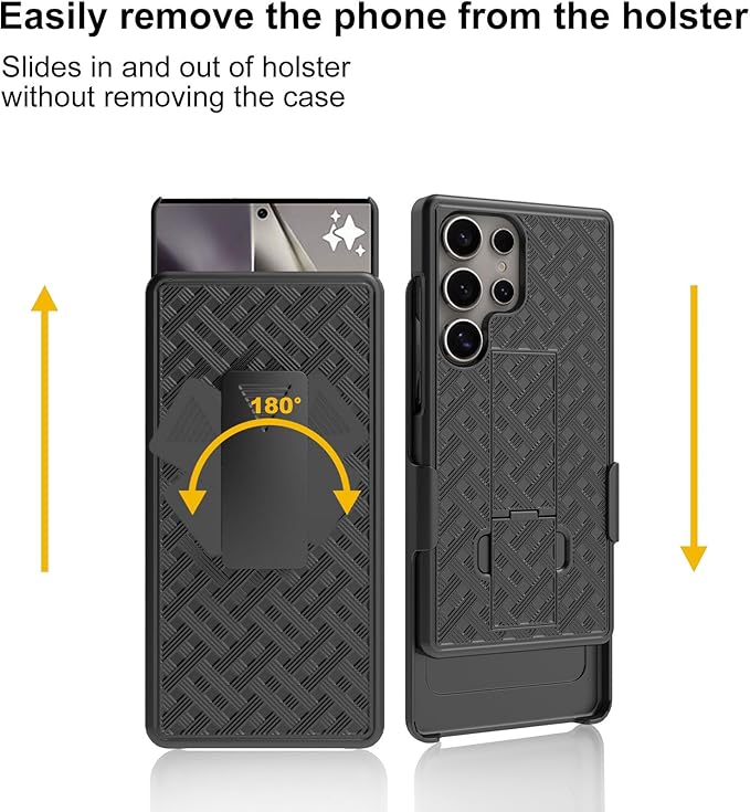 Ailiber for Samsung Galaxy S25 Ultra Case with Belt Clip, S25 Ultra Phone Case Holster with Screen Protector, Swivel Removable 2-in-1 Stand Holder, Slim Shockproof Shell Pouch Cover-Black