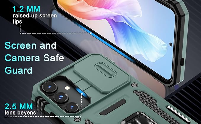 DEERLAMN Case for Samsung Galaxy S24+ Plus with Slide Camera Cover+Screen Protector (1 Pack), Rotated Ring Kickstand Military Grade Shockproof Protective Cover-Green