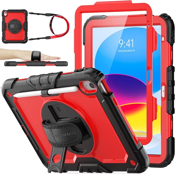 SEYMAC stock Case for iPad (A16) 11th/10th Generation 11''/10.9'' 2025/2022, Full-Body Drop Protection Case with Screen Protector &360° Rotate Hand Strap/Stand, Red+SiliconeBlack
