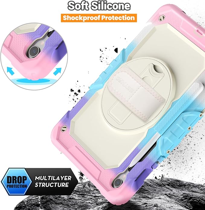 SEYMAC Case for Samsung Galaxy Tab S10 Lite/ S10 FE/ S9 FE/ S9 5G (10.9''/11''), Heavy Duty Shockproof Protective Case with Screen Protector, Rotating Stand, Hand Strap and Pen Holder, Pink