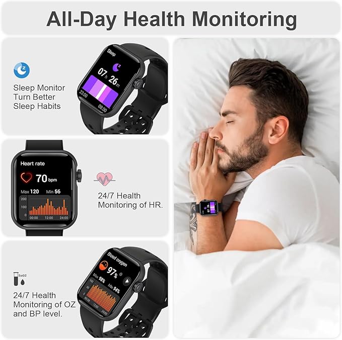 Smart Watches for Men Women 1.83" HD Display Activity Fitness Tracker Smartwatches for Android iOS Phones with Bluetooth Call/Heart Rate/Blood Pressure/Sleep Monitor/100+ Sport/IP67 Waterproof, Black