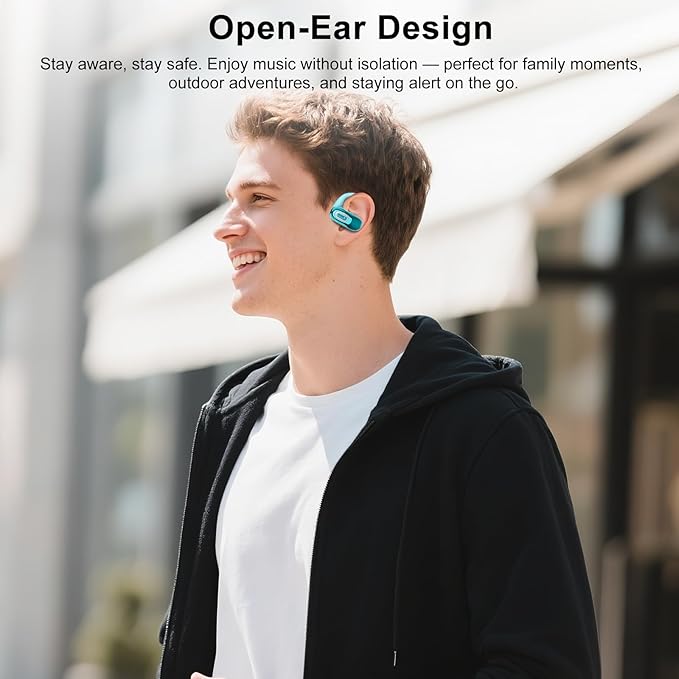 Open Ear Headphones, Bluetooth 5.4 Earbuds, 50H, Air Conduction Ear buds, HD Stereo Bass Over Ear Earphones with Earhooks, Ultra-Comfort Secure Fit, IPX7 Waterproof Headset for Working Sports, Blue